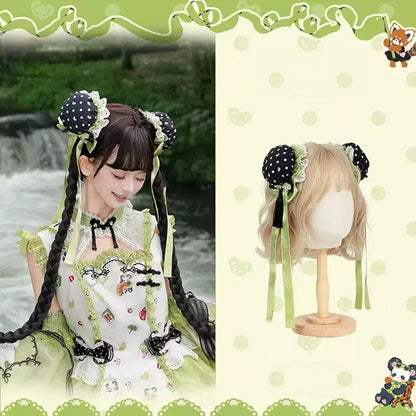 [Reservierungsschluss am 1025] Pink/Grüne Chinoiserie-Lolita-Sweet-Panda-Serie Accessoires (Teetassen-inspirierter Minihut, Pandaohren-Haube, Pandaohren-KC, Pandaohren-Barett, Haarclip, Halskette, Handtasche, Quastenbrosche, Socken)
