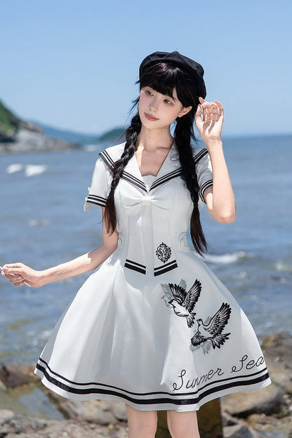 【10月1日予約締切】Blue/White Sailor Collar Bird Embroidery Lolita Bow Dress