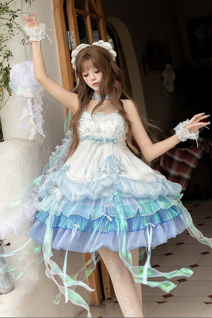 [Date limite de précommande : 1er août] Robe JKS lolita féerique méduse océan blanc x bleu à superpositions avec traîne aurore