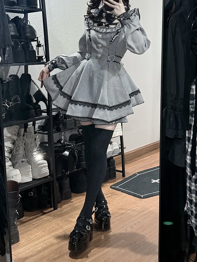 【12月18日予約締切】ジュエルリボンカラーレースチェックホワイトブラックドレスセットアップ