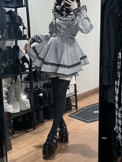 【12月18日予約締切】ジュエルリボンカラーレースチェックホワイトブラックドレスセットアップ