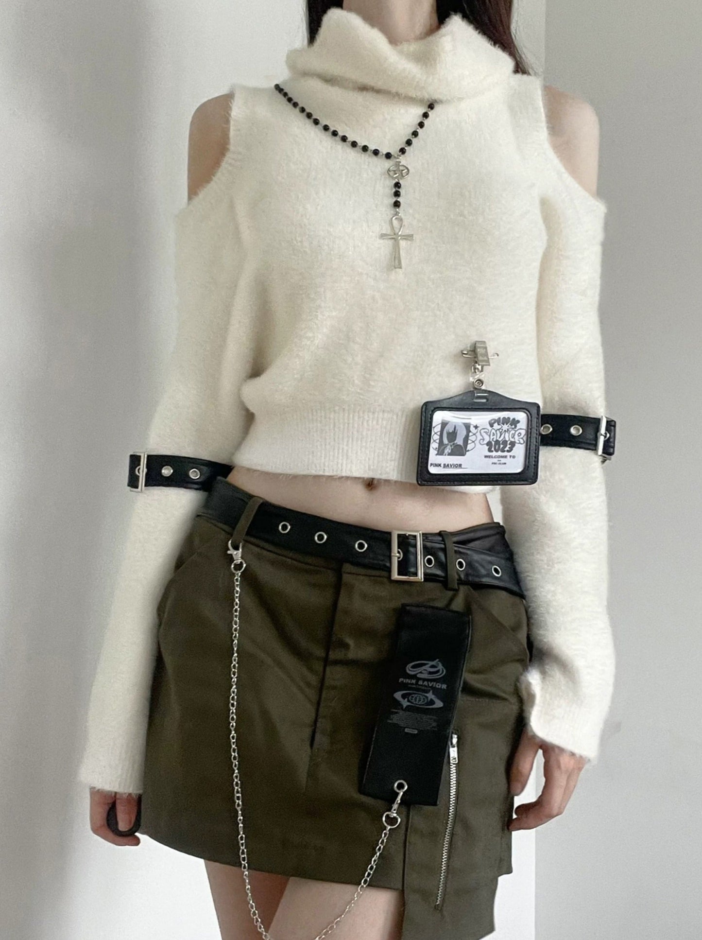 Velvet Faux Fur Soft Off-Shoulder Leather Belt Knit Sweater [Short/Long