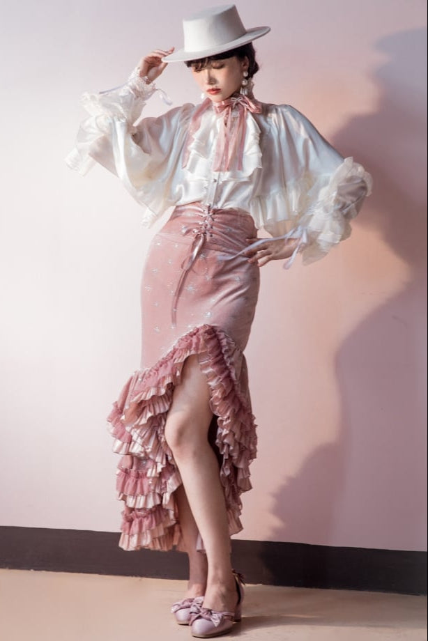 [Reservierungsschluss 1. Juni] Dunkelblau/rosa Atlantis Dark-Fantasy-Lolita-Sternenperlen-Bustierkorsett + prächtiger Rüschen-Meerjungfrauenrock