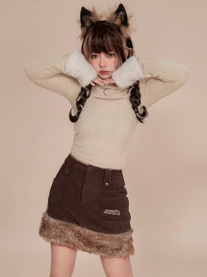 Charcoal Wolf Girl Retro Fur Skirt