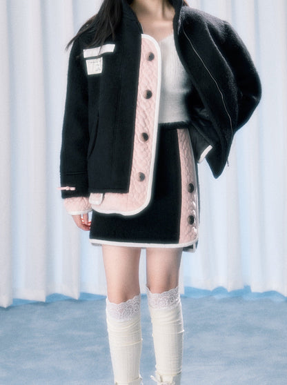 Stand collar cool jacket + college wool skirt