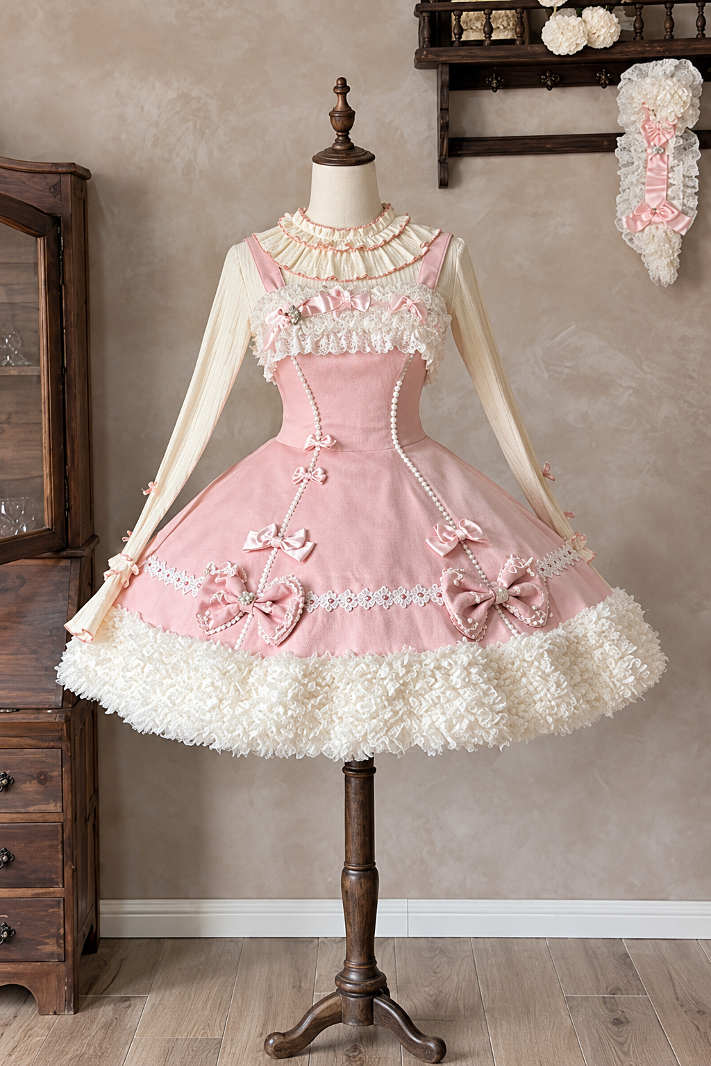 【11月7日予約締切】Yellow/Pink Sweet Lolita Lace Ribbon Fluffy Hem JSK Dress + Ruffle Neck Ribbed Bell Sleeve Top