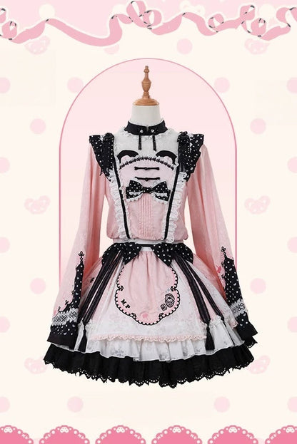 [Pre-order Deadline: October 25] Pink/White/Green Chinoiserie Lolita Sweet Panda Polka Dot Lace Apron Ruffle OP Dress