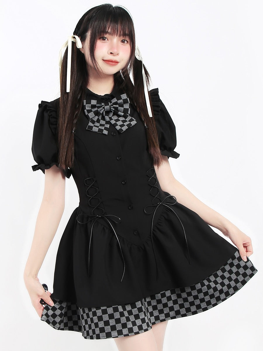 Puff Sleeve Check Ruffle Ribbon Dress