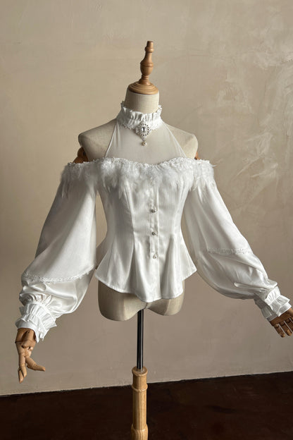 Off-the-shoulder shirt + oversized skirt