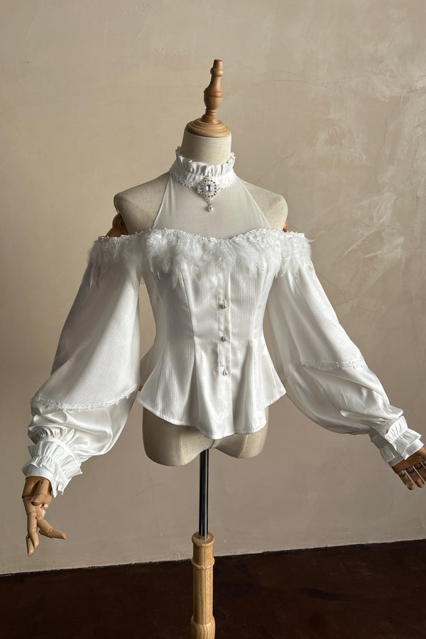 Off-the-shoulder shirt + oversized skirt