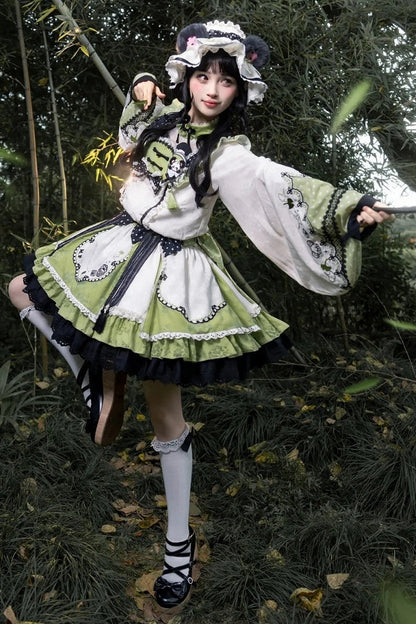 [Pre-order Deadline: October 25] Pink/White/Green Chinoiserie Lolita Sweet Panda Polka Dot Lace Apron Ruffle OP Dress
