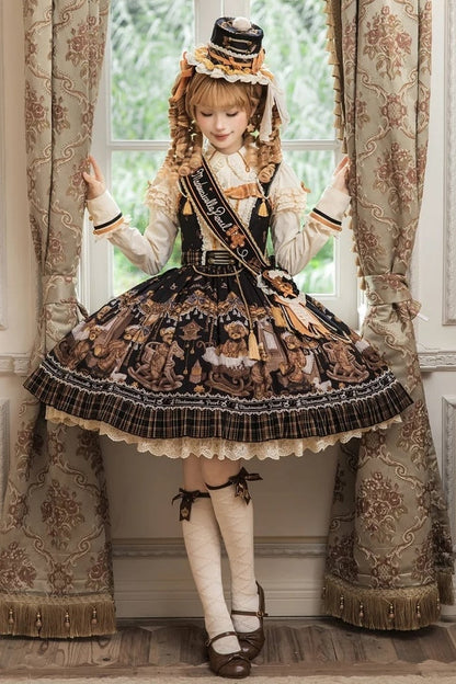[Reservierungsschluss 8. September] Classic Bear Lolita-Stufenkleid mit weißem Kragen, Karomuster, Spitze und Schleife+Vintage-JSK-Kleid mit Teddybär-Print und Spitze+Vintage-Lolita-Kleid mit Teddybär-Print, Karokragen und klassischem Karomuster