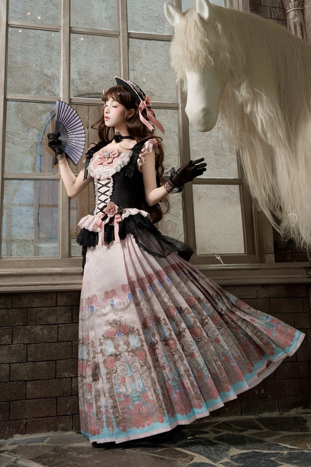 【10月10日予約締切】Black Pink Romantic Rose Castle Classic Lolita Bustier Top Castle Print Pleated Skirt Set-up + Complete Set(Rose Ribbon Lace Hat + Ribbon Hair Clip Included)