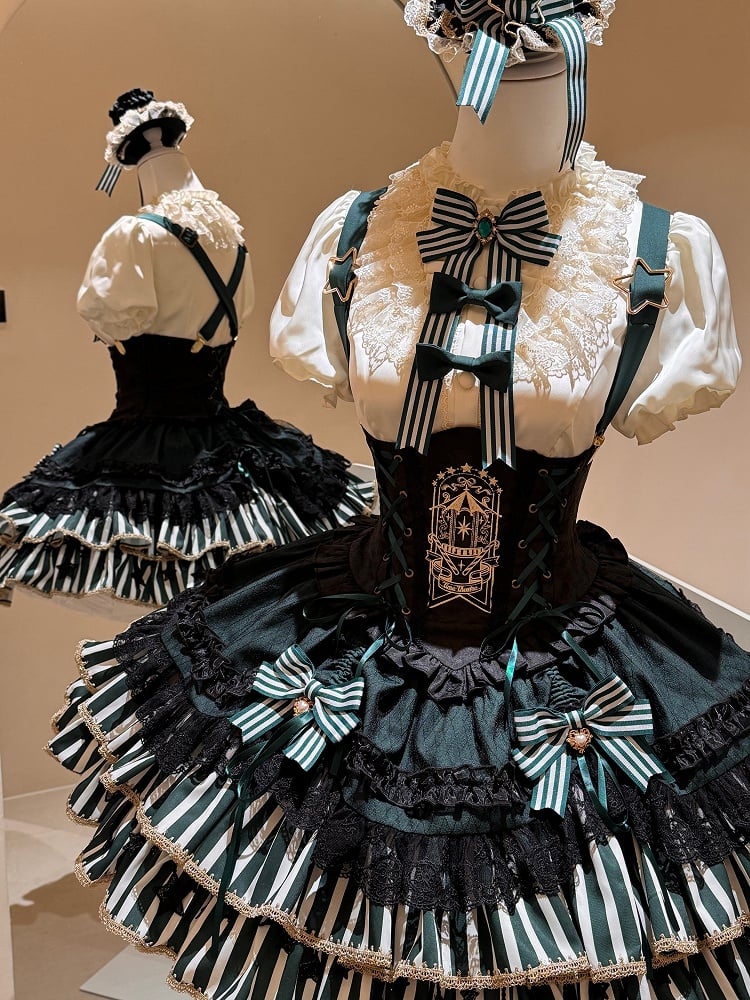 [Pre-order Deadline: May 20] Magical Girl Lolita Elegant Lace Puff Sleeve Shirt + Black x Green Ribbon Corset Tiered Dress + Mini Hat