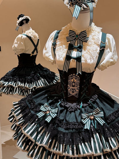 [Pre-order Deadline: May 20] Magical Girl Lolita Elegant Lace Puff Sleeve Shirt + Black x Green Ribbon Corset Tiered Dress + Mini Hat