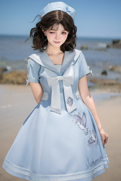 【10月1日予約締切】Blue/White Sailor Collar Bird Embroidery Lolita Bow Dress