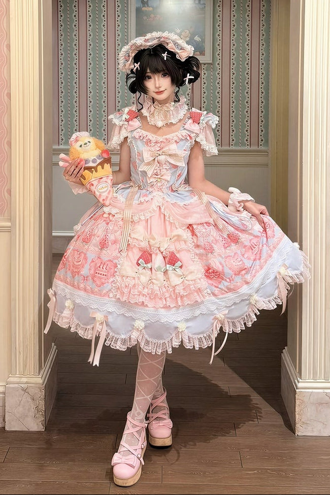 [Reservierungsschluss 26. Juni] Erdbeer-Sweet-Lolita-JKS-Kleid mit Spitze, Flatterärmeln, hochgezogenem Design und Tülllagen