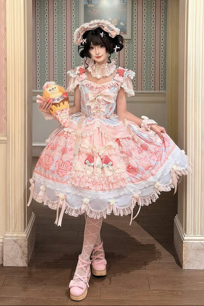 [Reservierungsschluss 26. Juni] Erdbeer-Sweet-Lolita-JKS-Kleid mit Spitze, Flatterärmeln, hochgezogenem Design und Tülllagen
