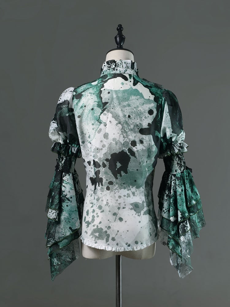 【12月10日予約締切】Bloodstainedプリントフリルスタンドカラー姫袖シャツ