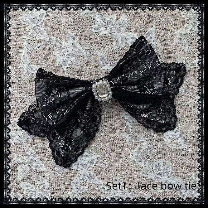 【8月30日予約締切】Black and Pink rabbit print lace sailor collar Op dress +pleated dress skirt set＋ 3 Styles of Bow Tie Available