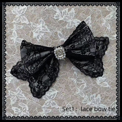 【8月30日予約締切】Black and Pink rabbit print lace sailor collar Op dress +pleated dress skirt set＋ 3 Styles of Bow Tie Available