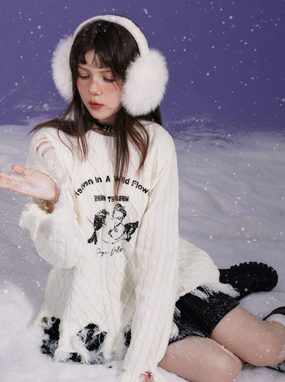 Sweet Cool Milk White Angel Print Damaged Knit