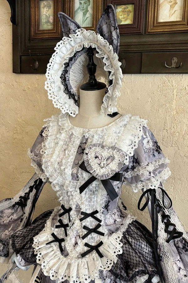 [Pre-order Deadline: October 6] Black Castle Bunny Gothic Doll Lace Puff Sleeve Corset Top + Shorts + Frill Overskirt + Birdcage Overskirt Set 1/2/3