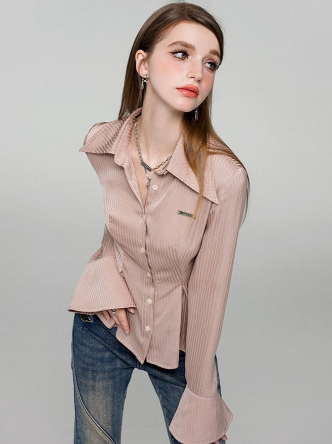 Baby Pink Satin Striped Waist Shirt