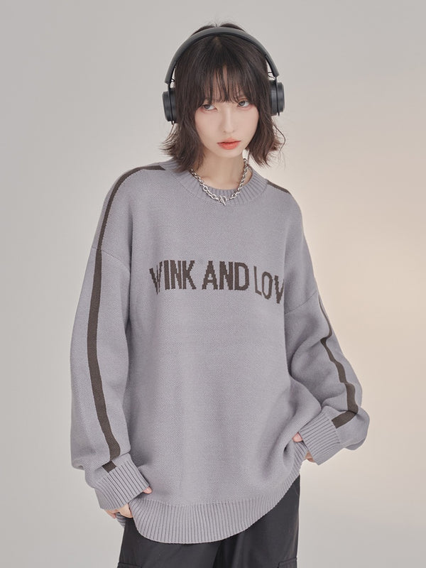 Retro Letter Loose Knit Round Neck Sweater