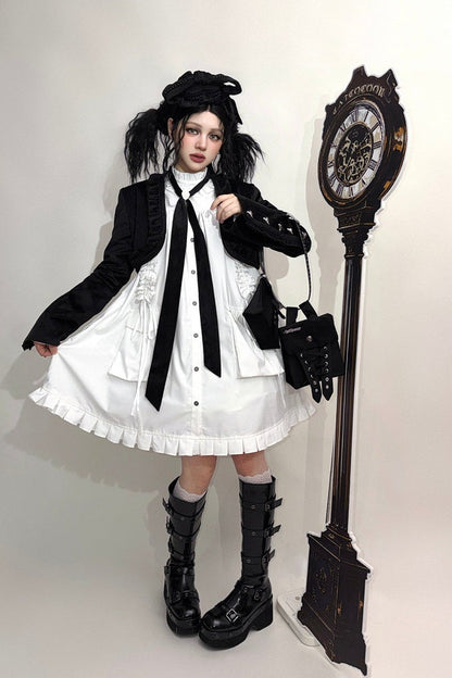 【11月6日予約締切】White/Black Gothic Lolita Drawstring Frill Strap Doll Dress