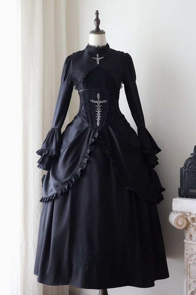 [Termine prenotazione 30 maggio] Abito gothic lolita bianco e nero con maniche svasate + sopragonna a corsetto rialzabile con croci + set completo