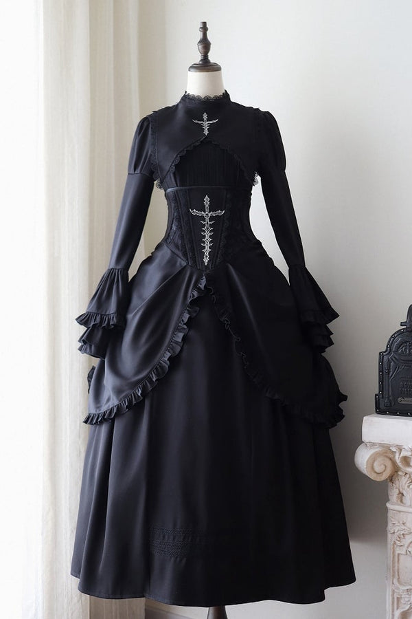 [Pre-order Deadline: May 30] Black and White Gothic Lolita Flared Sleeve Dress + Cross Pull-Up Corset Overskirt + Complete Set