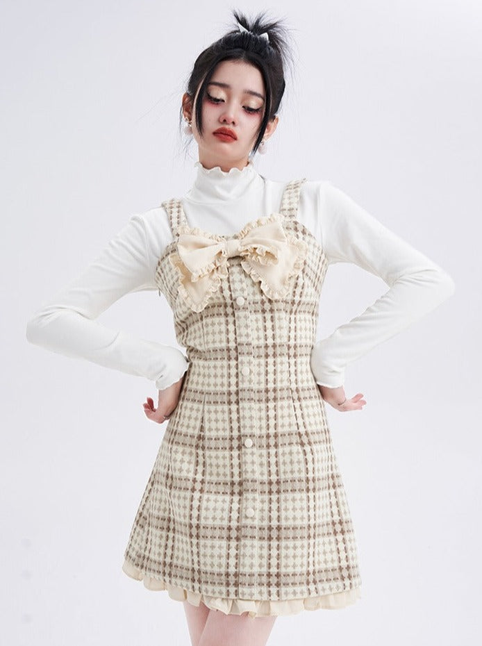 Check French Ribbon Suspender Skirt