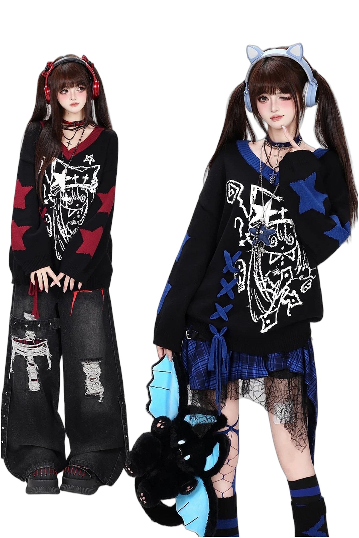 Anime V-Neck Tie Knit Pullover Sweater
