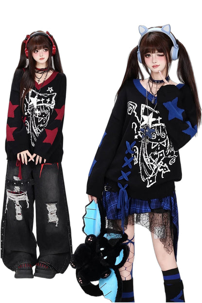 Anime V-Neck Tie Knit Pullover Sweater