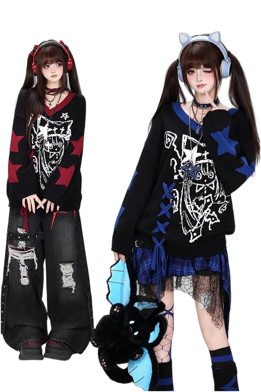 Anime V-Neck Tie Knit Pullover Sweater