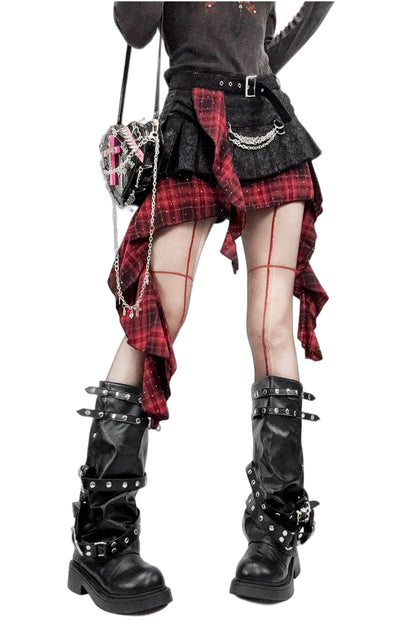 Y2K Red Plaid Irregular Skirt