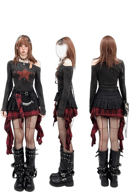 Y2K Red Plaid Irregular Skirt