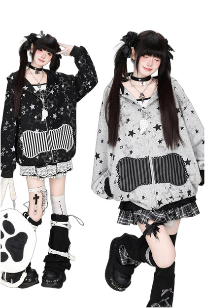 Star Print Hooded Sweatshirt Jacket