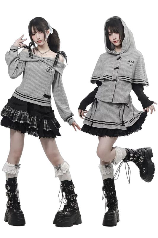 Knitted Cape and Plaid Skirt Set-Up