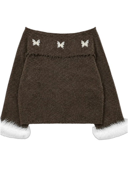 Brown Off-Shoulder Fur Collar Sweater