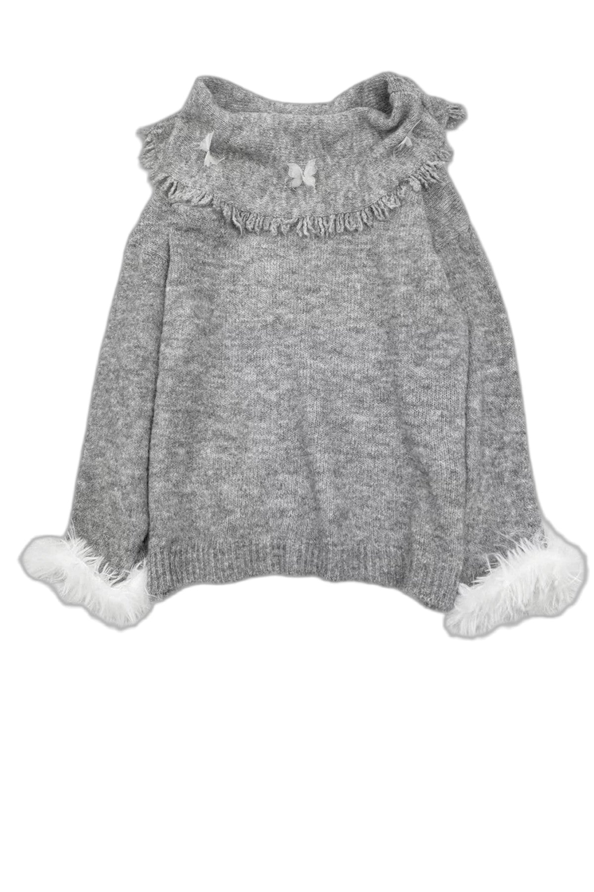 Gray Off-Shoulder Bow Sweater