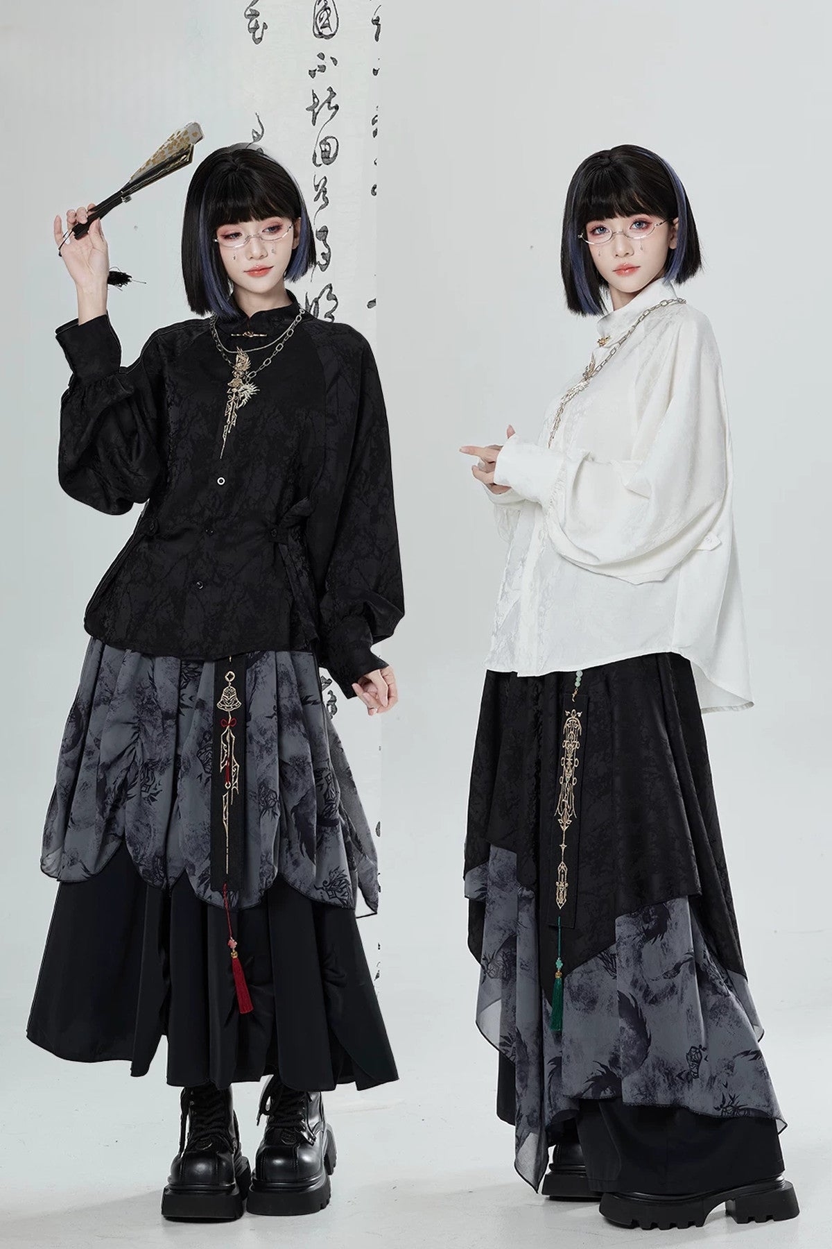 Black White Embroidered Shirt Pants Set-Up