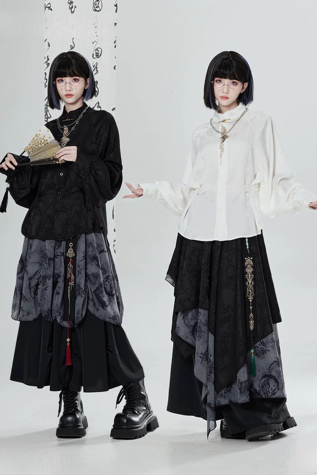 Black White Embroidered Shirt Pants Set-Up