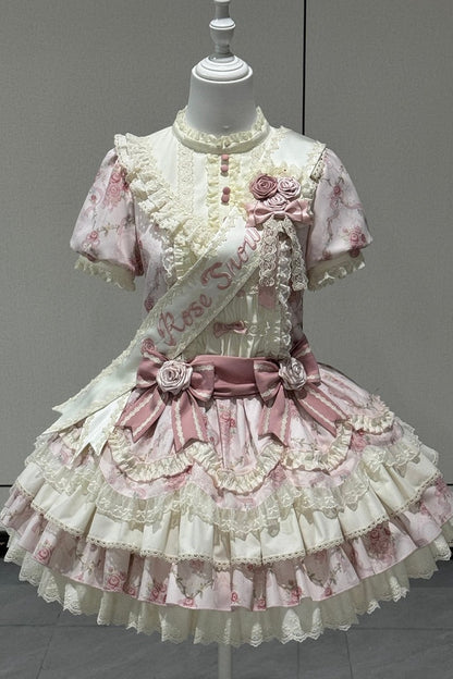 [Reservierungsschluss 7. September] Pink-blaues süßes Lolita-Stufenkleid mit romantischem Rosenprint