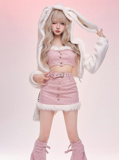 Fur Bunny Short Coat + Pink Skirt Setup