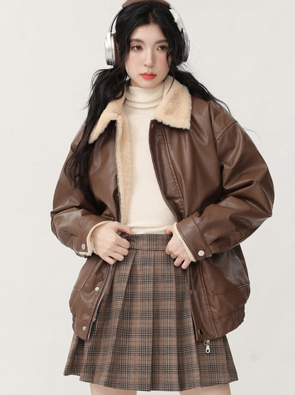 New Retro Loose Fleece Faux Leather Lamb Wool Jacket