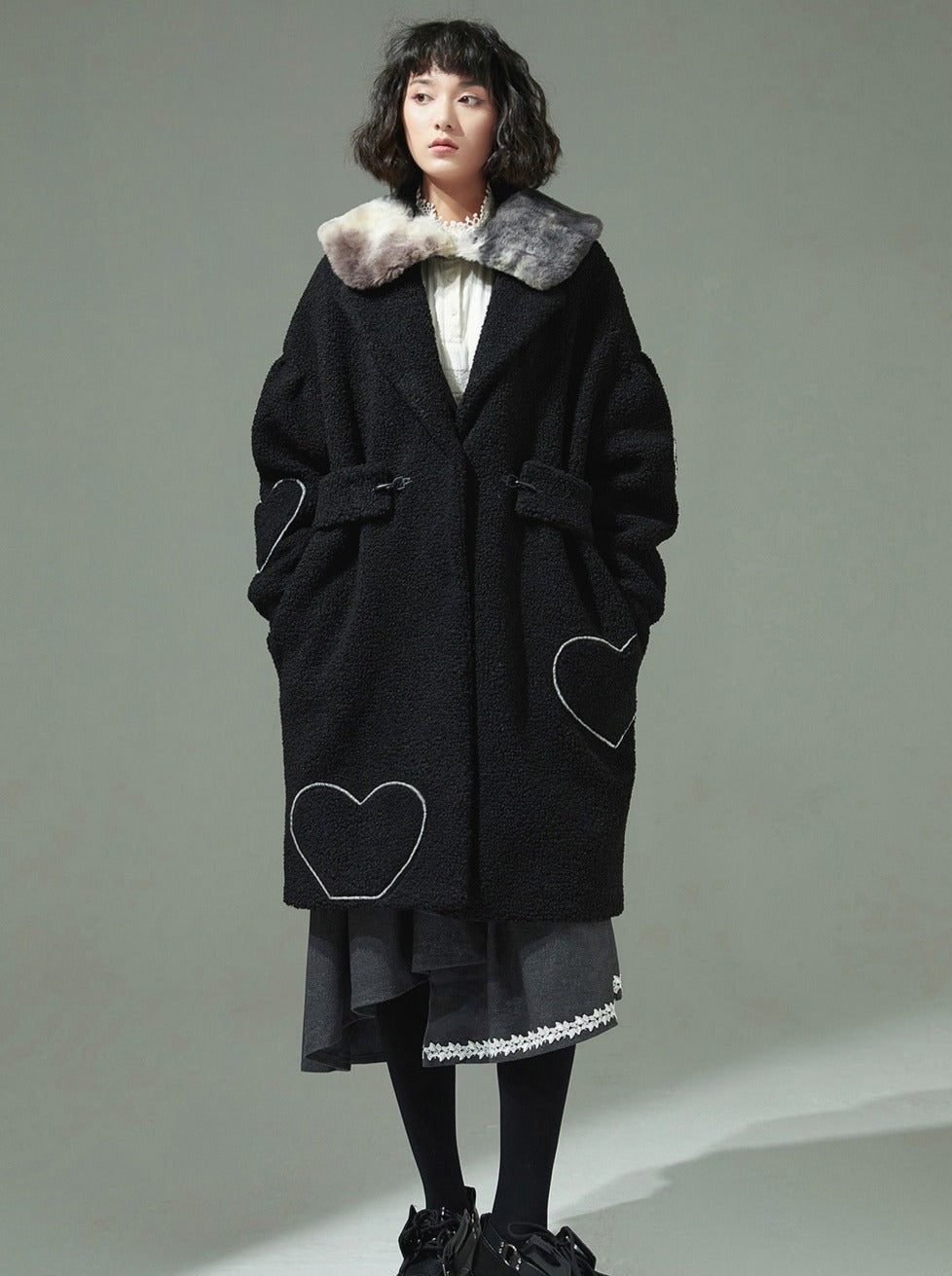 Black Fur Collar Polar Fleece Mid Length Lamb Wool Coat