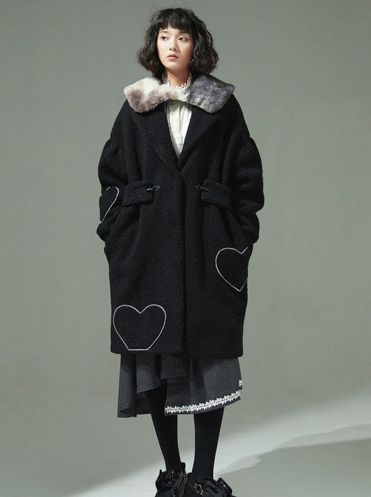 Black Fur Collar Polar Fleece Mid Length Lamb Wool Coat