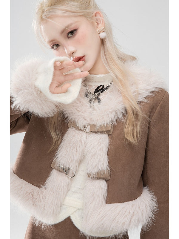 Braken Brown Fur Navy Collar Short Jacket + Fur Slit Skirt [Reserved Item